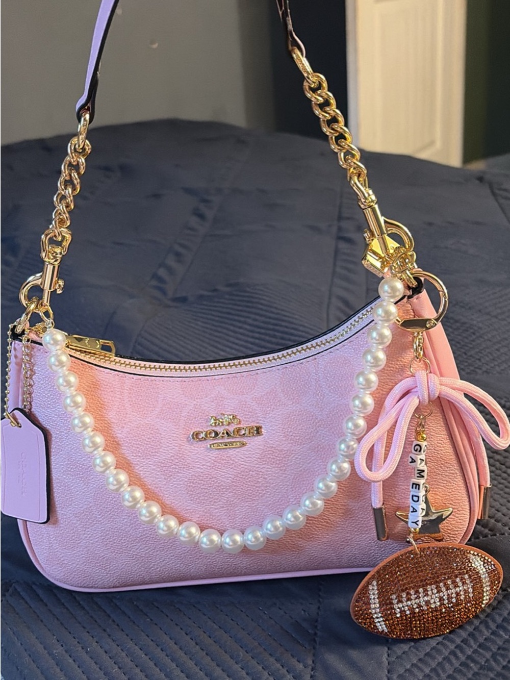 Coach Pink Leather Shoulder Bag with Pearl Strap and Gold Hardware